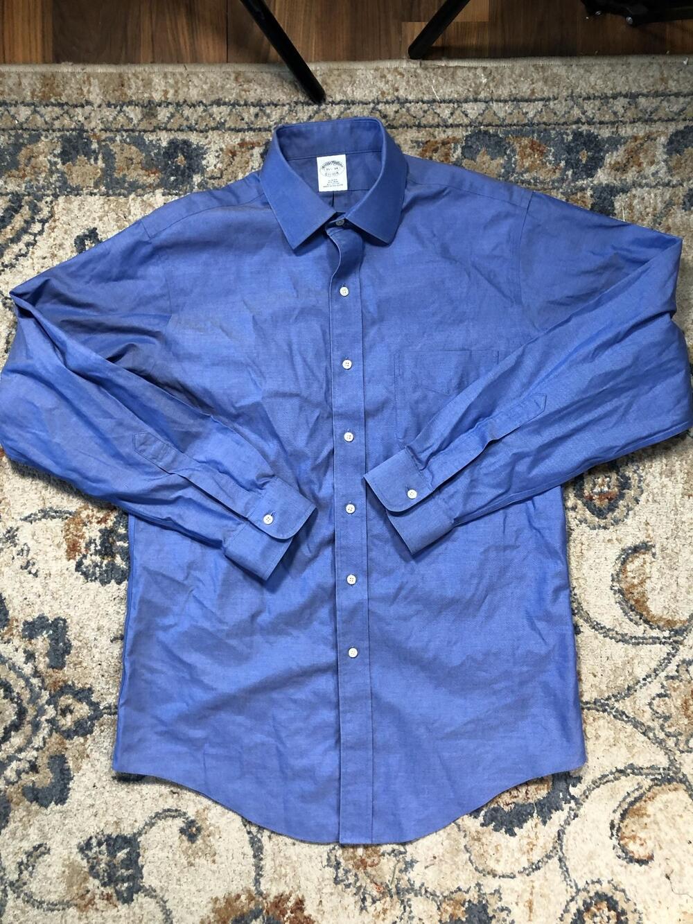 Brooks Brothers Dress Shirt Mens 15.5 34/35 Blue Solid Slim Fit Non Iron Cotton